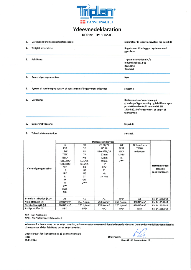 DoP - Stålprofiler til indervægssystemer | Triplan