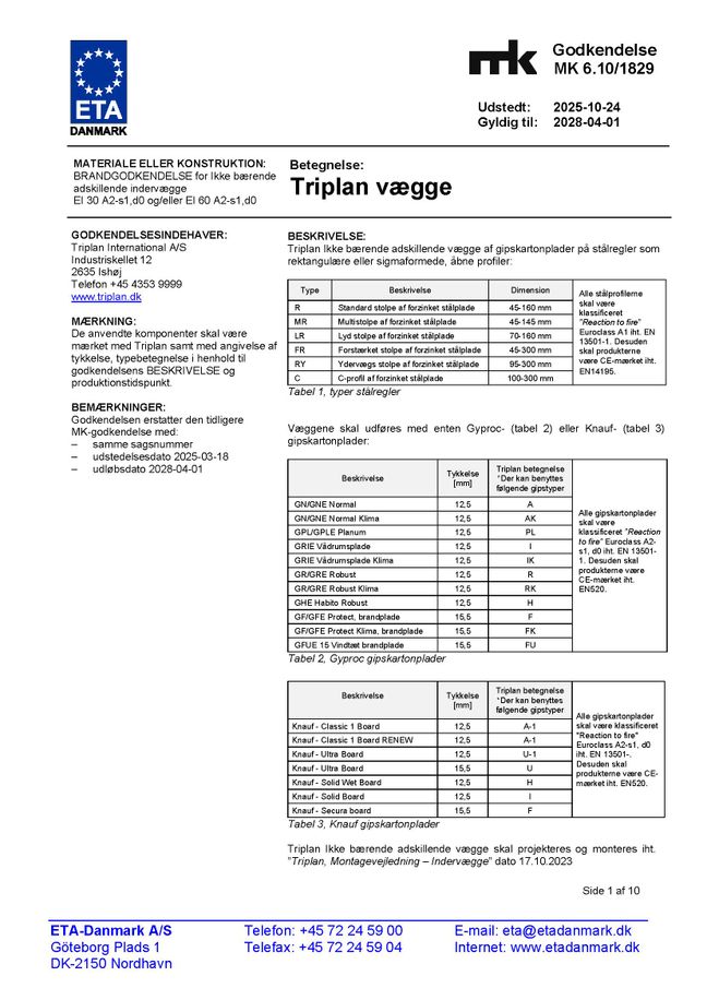 MK-godkendelse indervægge | Triplan