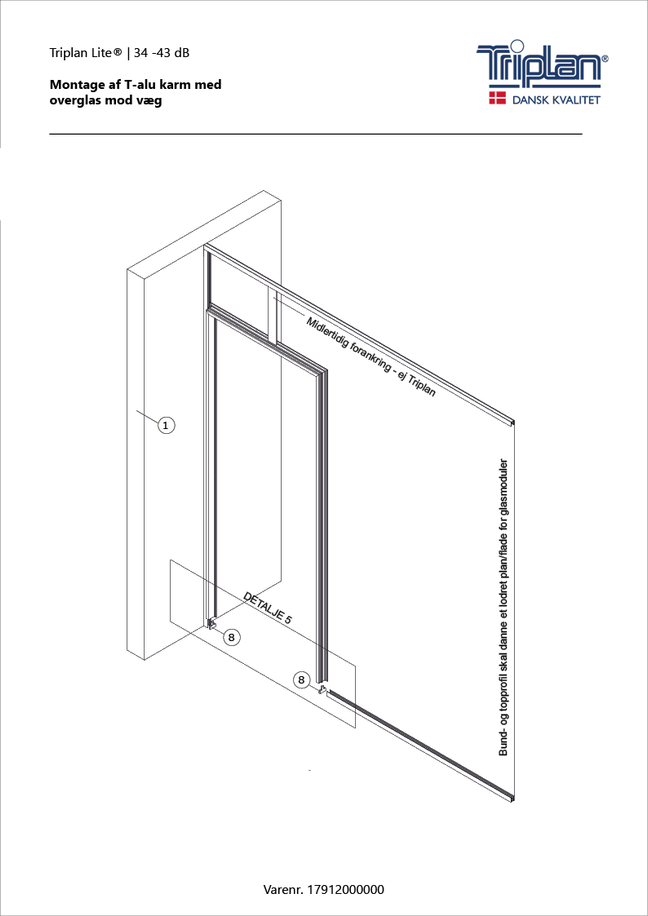 Montagevejledning T-karm overglas mod væg | Triplan