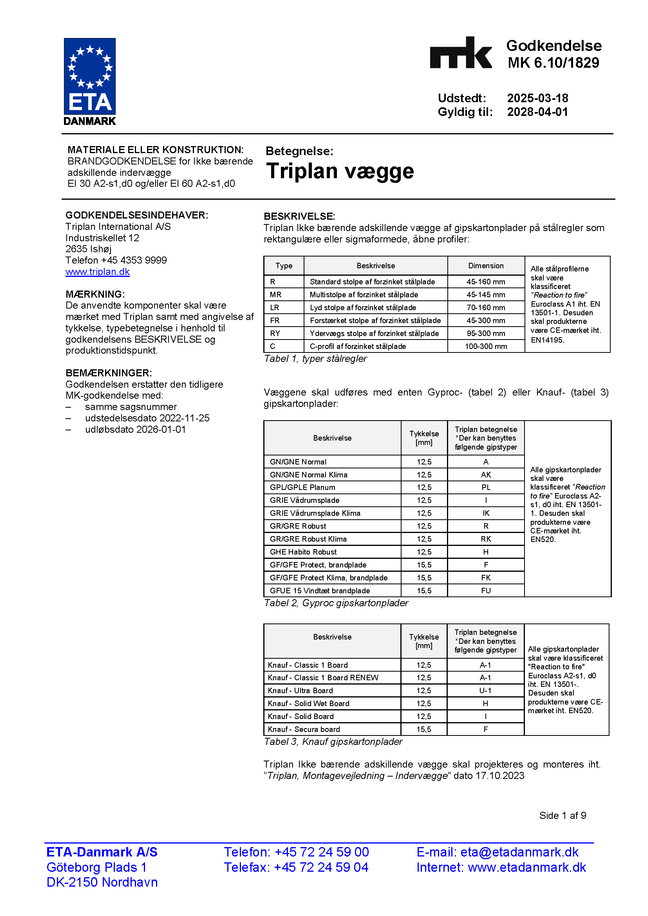 MK-godkendelse indervægge | Triplan
