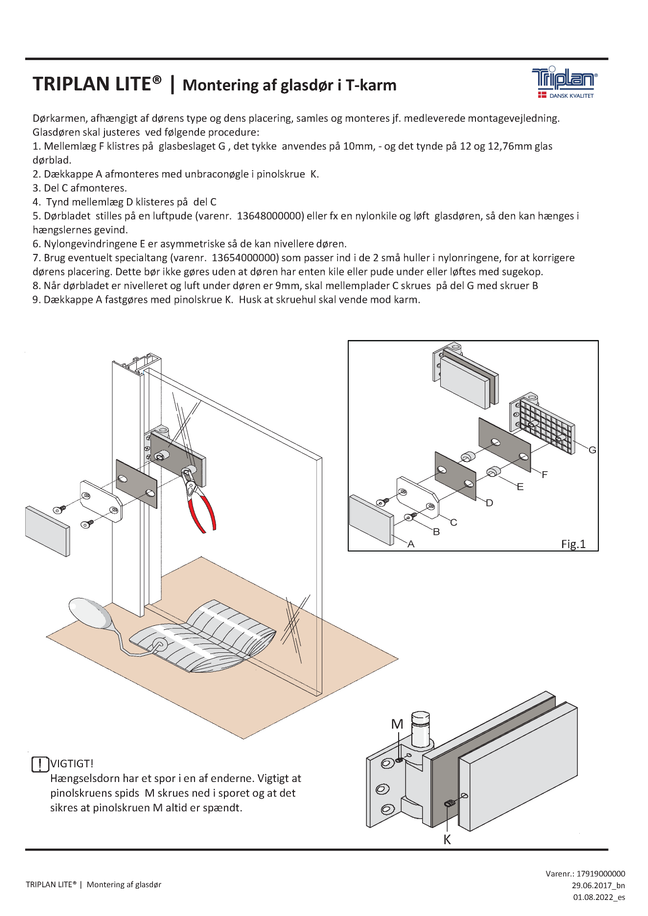 Montagevejledning glasdør i 01-karm | Triplan